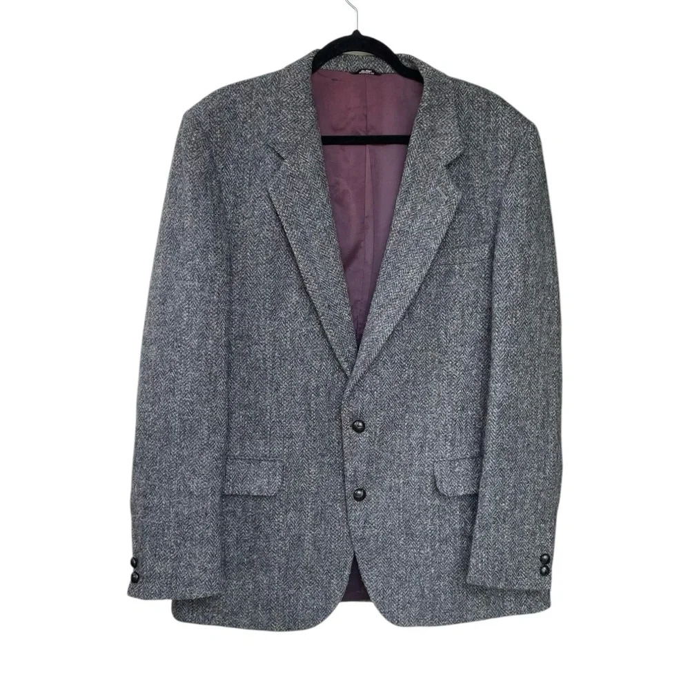 HARRIS TWEED Vintage Hand Woven Wool Sports Coat Jacket Blazer Blue Gray 44